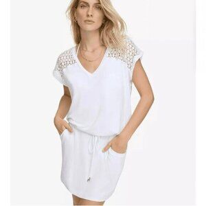 Calvin Klein Womens White Crochet Tunic Top L / XL Pockets Beachwear Lightweight